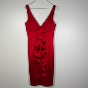 Cache Cocktail Dress Womens 10 Red Satin Ruched V-Neck Sheath Midi